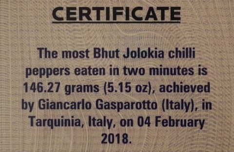 The most Bhut Jolokia chilli peppers eaten in two minutes is 146.27 achieved by Giancarlo Gasparotto
